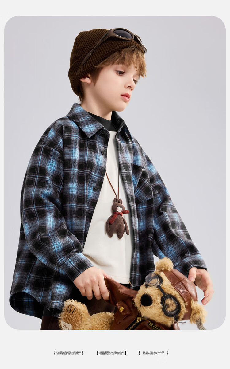 ASK JUNIOR Brushed Cotton Children's Shirt 2026 Spring Big Kids Plaid Contrast Collar Boys Jacket 10