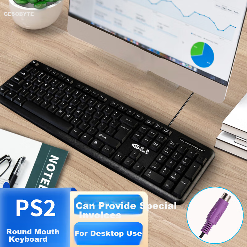 GESOBYTE K830P Keyboard Wired Office Keyboard 104 Keys Water-Resistant PS2 Round Port Desktop Computer Keyboard Black