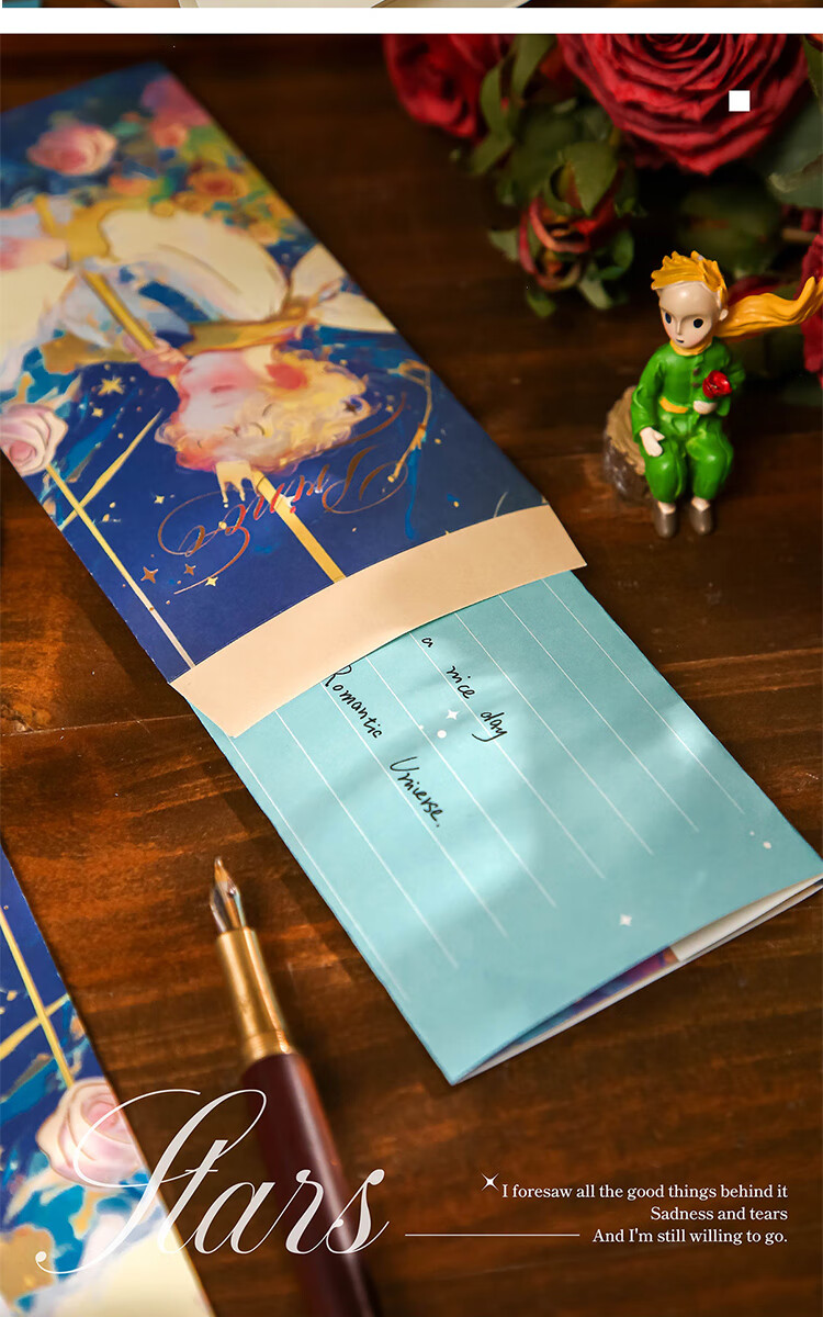 Jufu Rose Planet Envelope and Letter Paper Set High-Value Handwritten Romantic Creative Blessing Birthday Valentine's Day Graduation Children's Day 520 Gift 4 Envelopes 4 Letter Papers 4