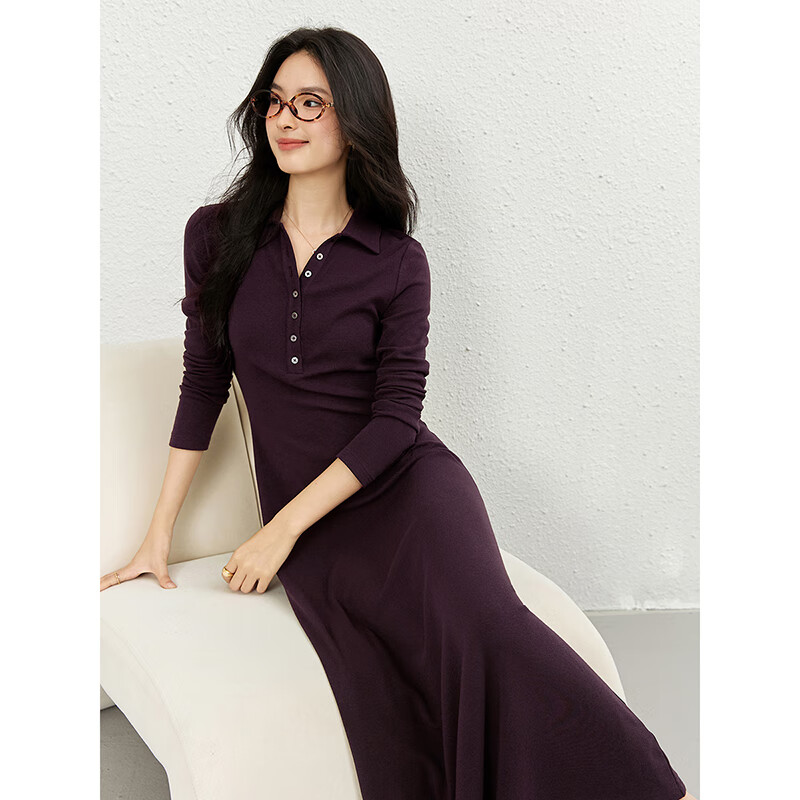 Fansiman Commuter Polo Collar Dress for Women Autumn New Slim Fit Shoulder Long Dress Mulberry Purple M