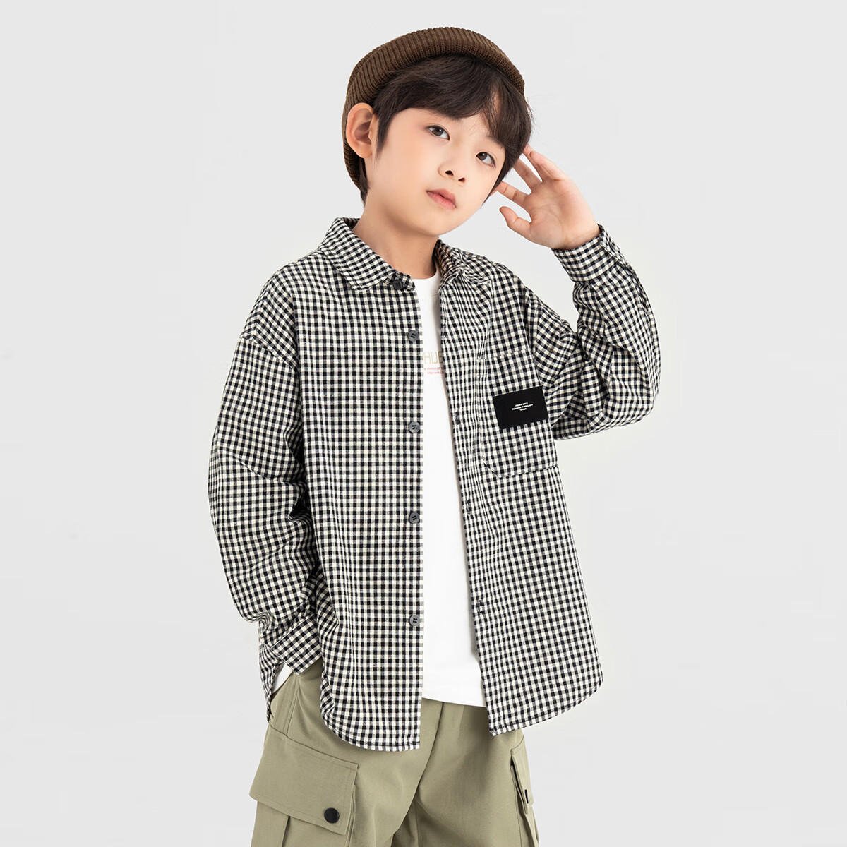 Duoduo Home Korean Style Black and White Check Boys' Long Sleeve Soft and Skin-Friendly Shirt Spring and Autumn Trendy Casual Top