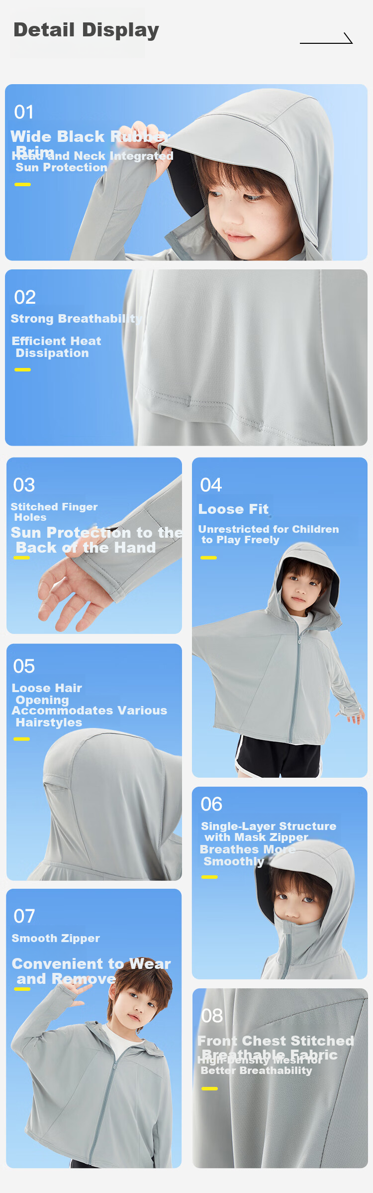 Ousen Children's Sun Protection Clothing, Boys And Girls Cycling UV-Resistant Lightweight Breathable Black Gel Hooded UPF50 Sun Protection Jacket 17