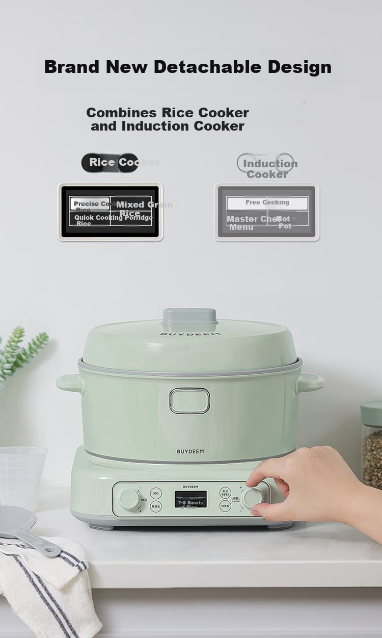 Buydeem Multi-Functional 3L IH Rice Cooker Electric Cooker for 2-6 People with Removable Non-Coated Inner Pot R531 Light Yellow + 28cm Hot Pot + BBQ Grill Pan 1