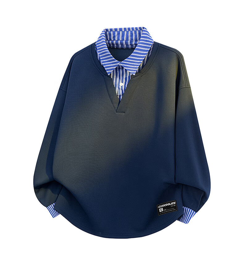 :CHOCOOLATE it Shirt Collar Fake Two-Piece Sweatshirt for Men, Autumn New Loose Long-Sleeve Polo Shirt T-Shirt Trendy, Navy Blue, XL 6