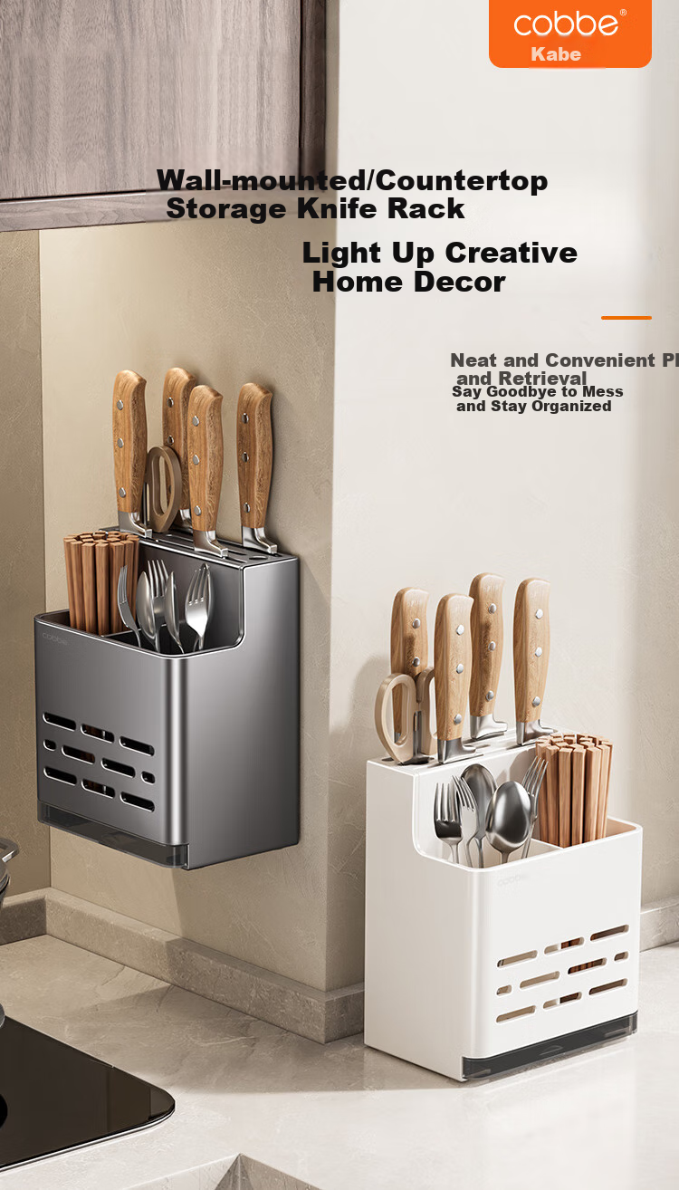 Cobbe Kitchen Knife Holder Wall-Mounted Storage Rack with Chopstick Cage, Multi-Functional Organizer, No Drilling Required, Stainless Steel Chopstick Tube And Knife Holder 4