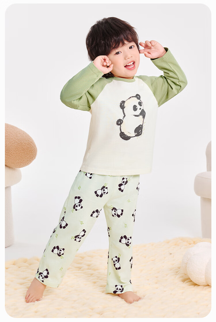 YUZHAOLIN Children's Pajamas Spring Boys' Pure Cotton Home Wear Set Big Kids Clothing Children's Apparel Hand-Drawn Panda Desig 7