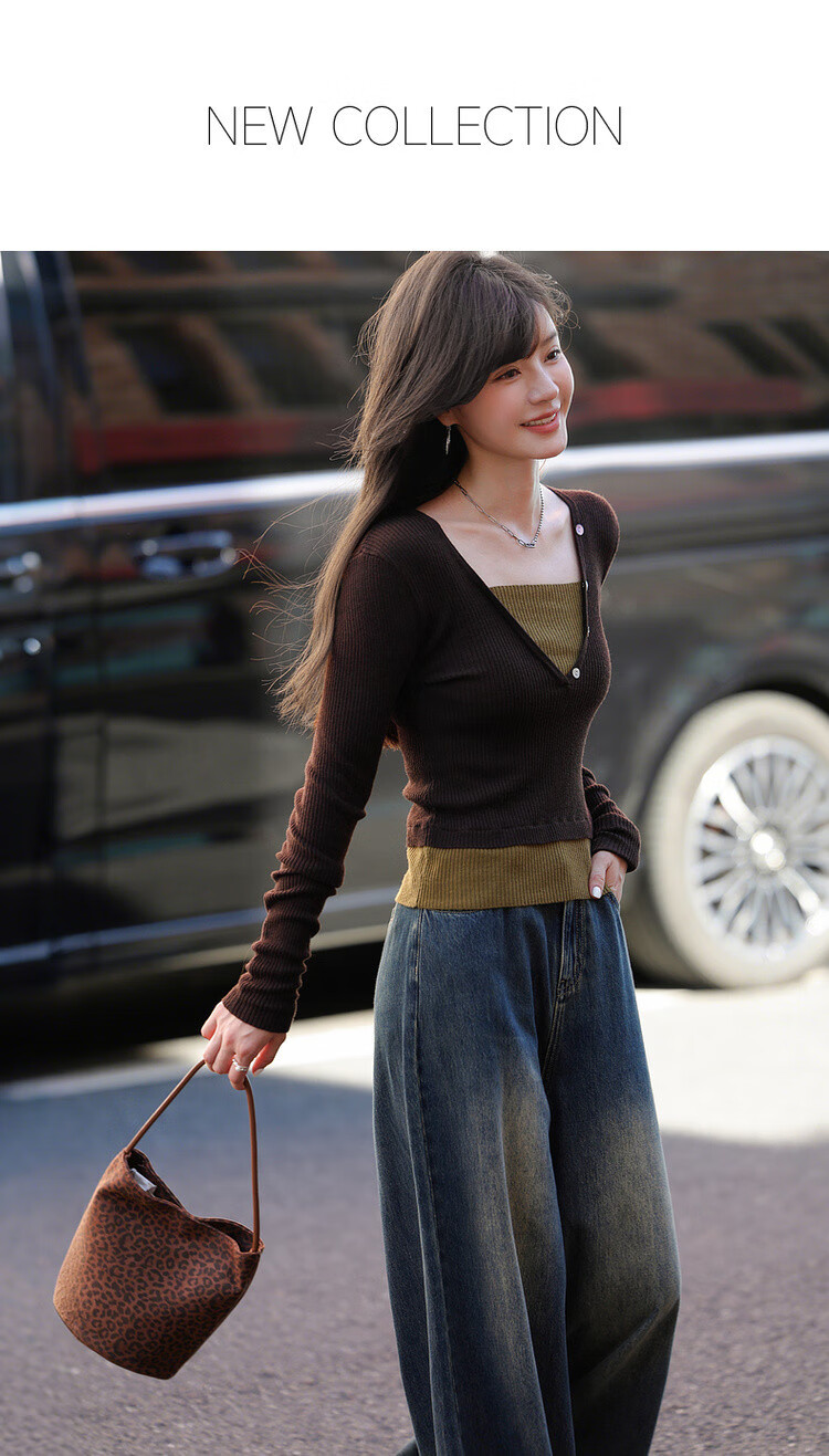 MT Butter Canelé Autumn Vintage Two-Tone Layered Wool Blend Short Knit Sweater for Women 1