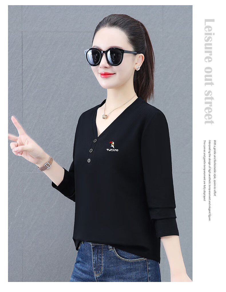 Woodpecker V-Neck Raglan Long Sleeve T-Shirt Women Autumn New Pure Cotton Fashion Casual Plus Size Base Shirt Top Gray Green 2XL 7