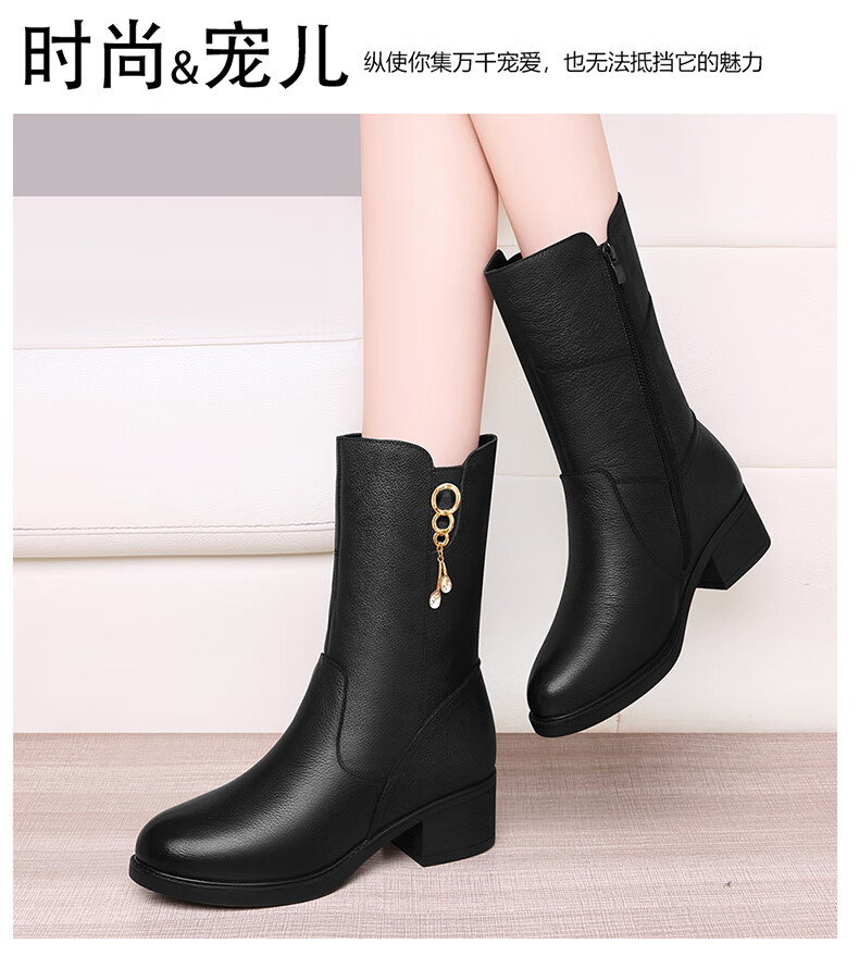 FUGUINIAO Genuine Leather Cowhide Women's Ankle Boots Autumn Winter Fleece Lined Warm Round Toe Chunky Heel Mid-Calf Boots Black Short Fleece Size 39 8