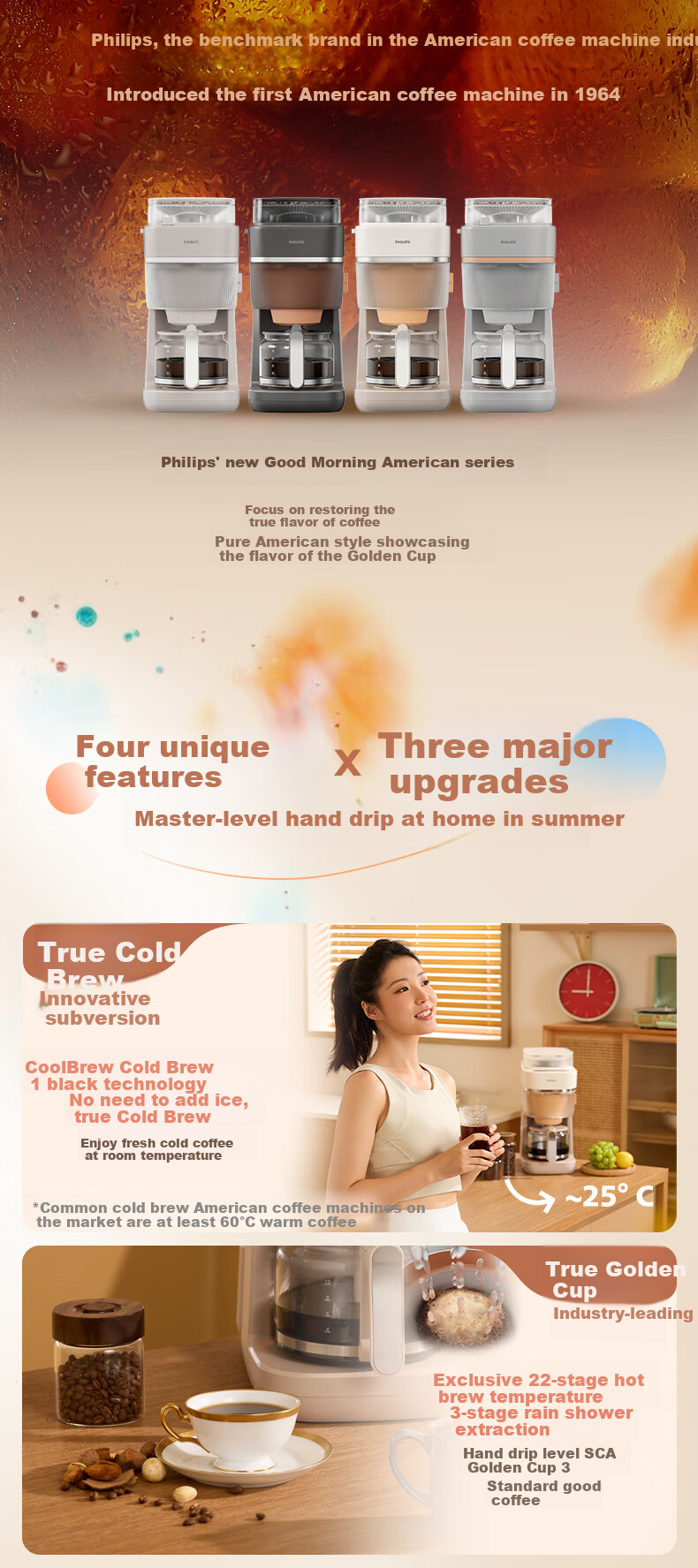 PHILIPS New Morning American-Style Tea And Coffee Machine, Fully Automatic Home Use, Dual-Use for Beans And Grounds, Integrated Fresh Grinding, True Cold And Hot Dual Extraction HD7997/80, Gift-Giving 4