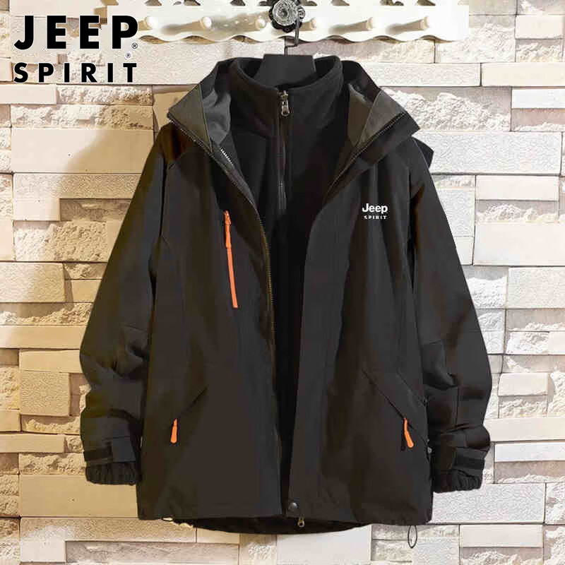 Мужская куртка JEEP SPIRIT, ветрозащитная, 3-в-1, отстегивающаяся, черная с белыми вставками, размер 2XL