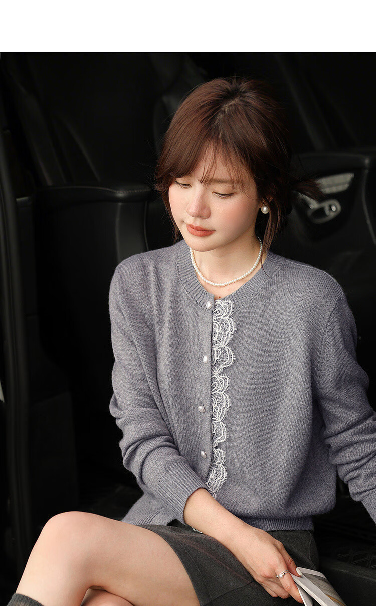 Mt Autumn Soft Lace Splice Cardigan Round Neck Petite Knitwear with Cozy Merino Wool for Women 3
