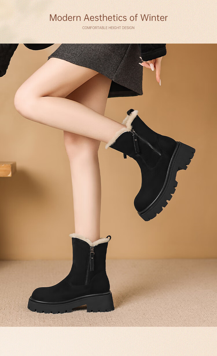 ZHR Women's Snow Boots Fleece Lined Thick Warm Cotton Shoes Northeast Thick Sole Short Boots 2025 New Women's Boots K381B Black Size 37 2