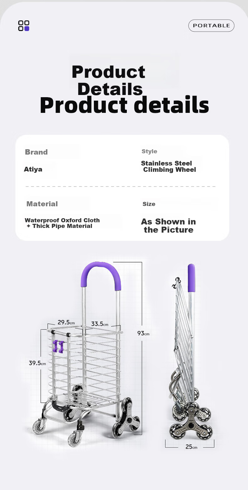 Adiya Portable Shopping Cart, Hand-Pulled Trolley, Folding Cart, Hand-Pushed And Pull Rod Cargo Cart for Grocery Shopping And Elderly Stairs Climbing, Labor-Saving 8