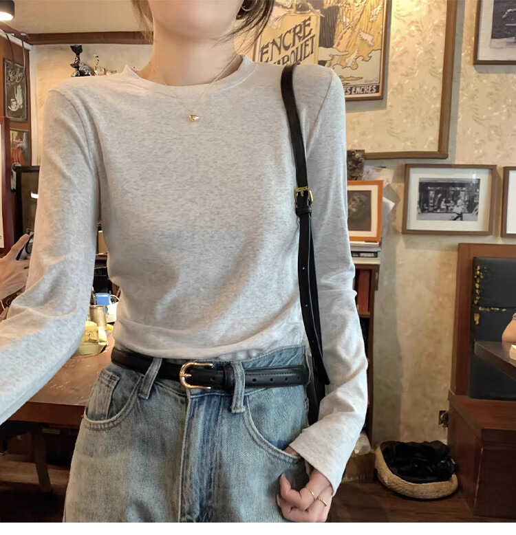 La Chapelle Women's Pure Cotton Base Shirt 2025 New Slim Fit Round Neck Long Sleeve T-Shirt Top Light Gray S 1