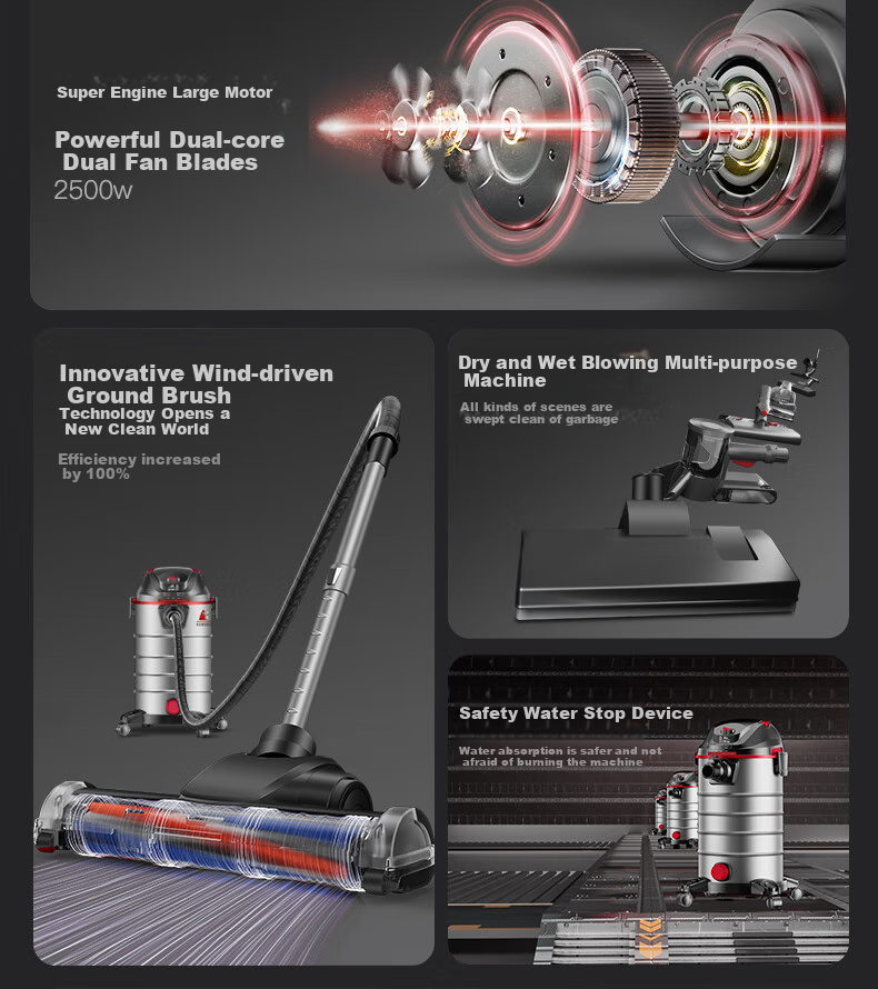 Xiaogou Industrial Vacuum Cleaner, 3000W Peak Power, High Suction, Dry/wet/blow Three-In Vacuum Cleaner for Home Use, Factory Workshop, Hotel, Commercial Use, Car Cleaning, Post-Clearing T010S 3