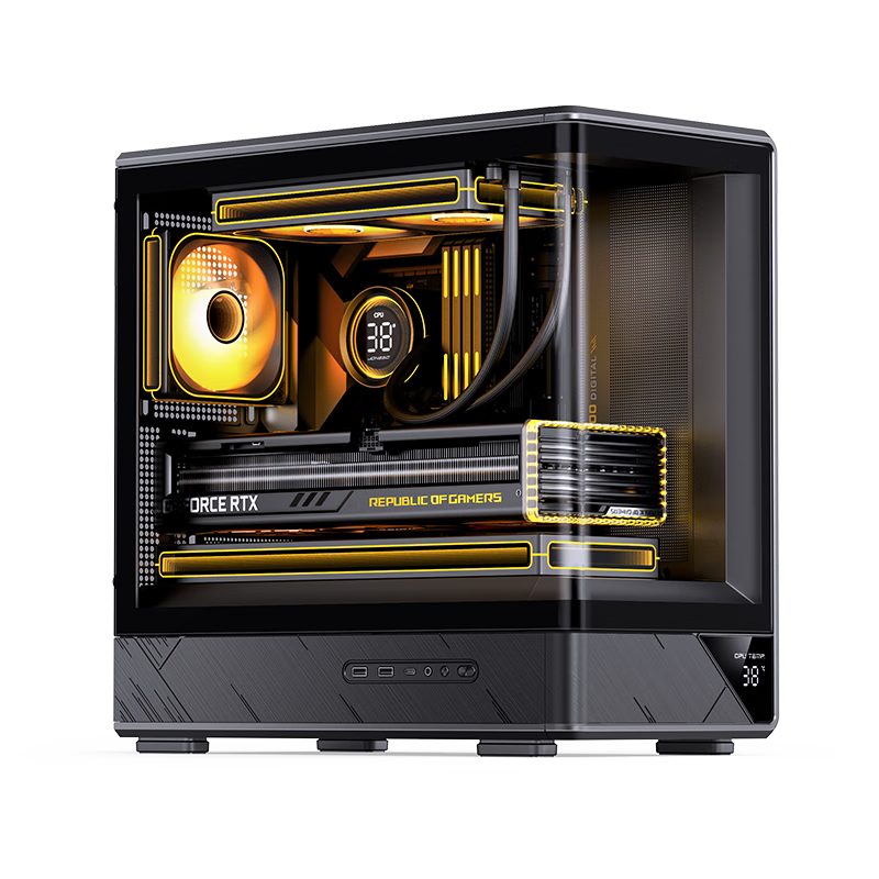 JONSBO D200 Black MATX Case (Pillarless Curved Panoramic Design, 240mm Radiator Support, ATX PSU, Digital Display Screen, Type-C Gen2 10Gbps+)