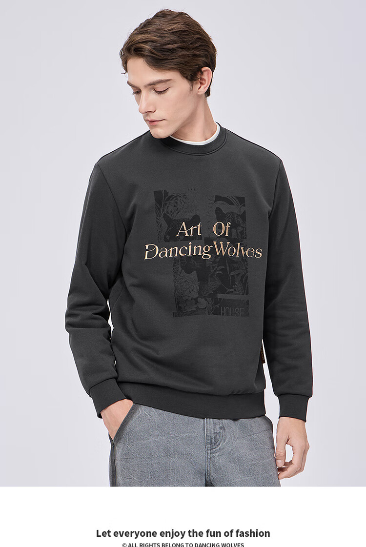 Dance with Wolves [Heat Retention & Thickened Fleece] National Trend Embroidered Round Neck Thermal Antibacterial Sweatshirt 015 Dark Gray L 1