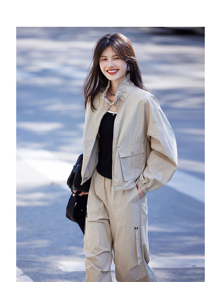 Awakening Paradise 26 Spring New Stand Collar Drawstring Jacket High Waist Cargo Jogger Lightweight Casual Set Navy Blue S 14