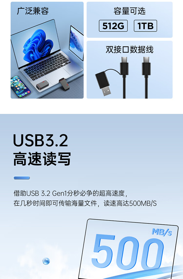 Lenovo 512GB Portable SSD USB 3.2 High-Speed 500MB/s T500 Series Compact External Hard Drive Nationwide Warranty 2