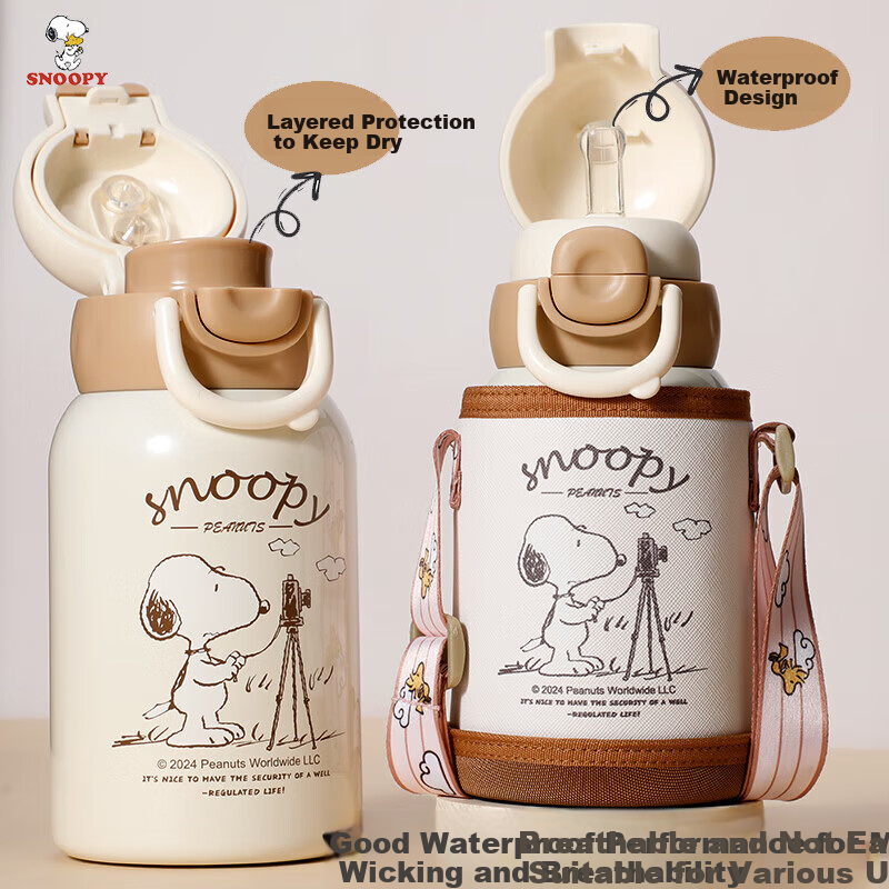 SNOOPY Children's Insulated Cup with Sleeve, 316 Stainless Steel Kindergarten Direct Drinking Water Bottle, Dual-Use Straw Water Cup for Boys And Girls Students
