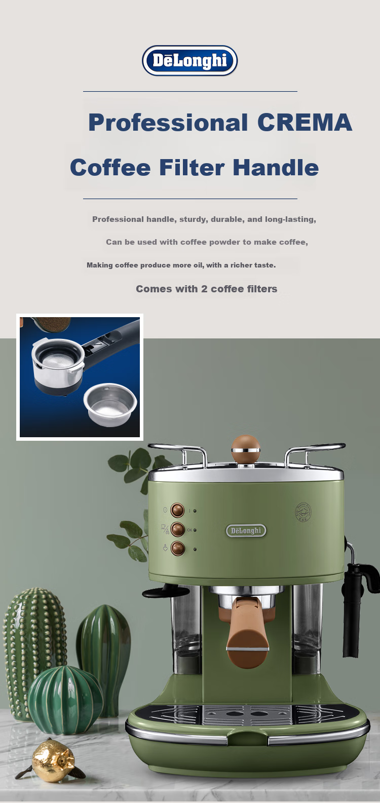 Delonghi Coffee Machine, Retro Semi-Automatic Coffee Maker, Compact Home-Use Stylish Americano And Espresso 15Bar Pump Pressure Manual Milk Frother ECO310.VBG Cream White Gift 8