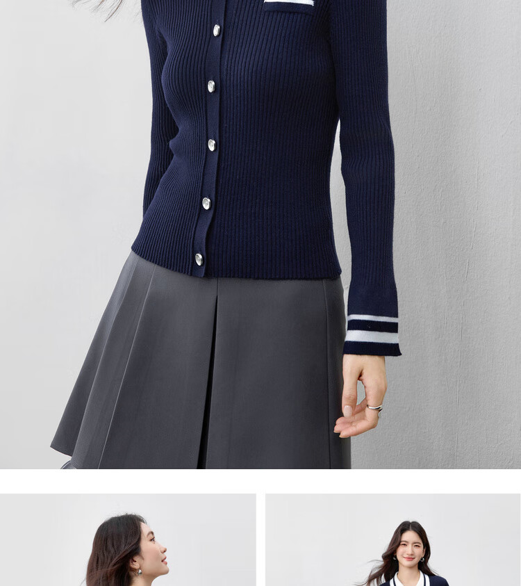 Sentubila Wool-Blend College Style Knit Sweater Women Autumn Colorblock Striped Polo Collar Hollow Out Split Slim Top 6