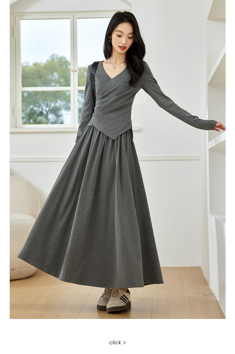 Fanximan French Style Elegant Set Dress Women Autumn New Slimming Top and Skirt Casual Suit Light Gray XL 1
