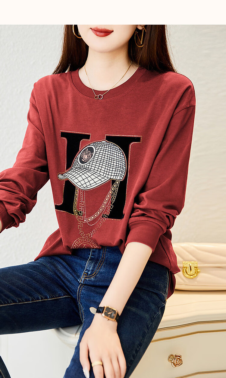 Dme Spring And Autumn Cloud Soft Cotton Long Sleeve Sporty Design Rhinestone Women's T-Shirt, Pink, XL 17