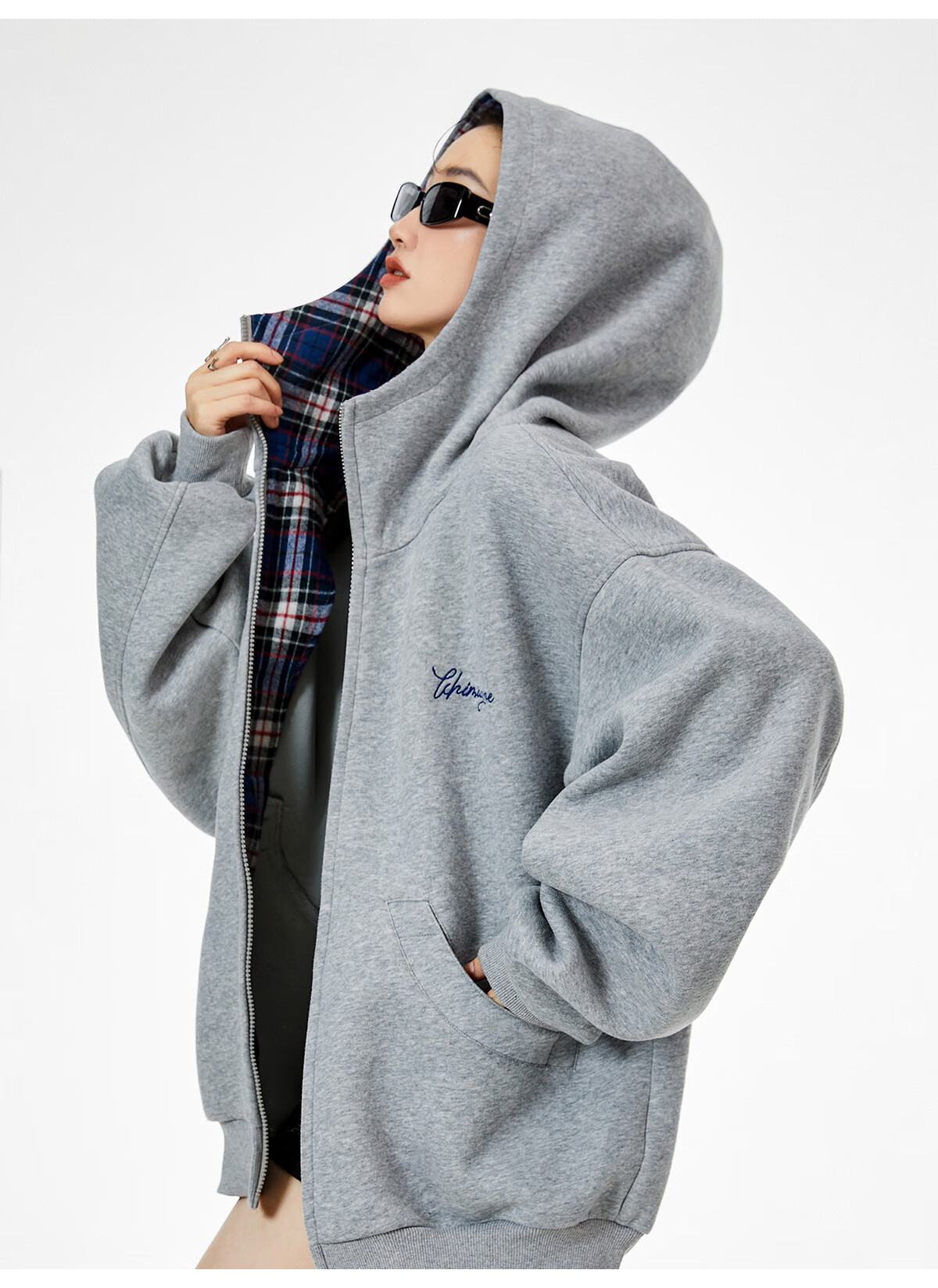 ICH MODE Celebrity Style American Plaid Patchwork Cardigan Sweatshirt Autumn Jacket Sports Cardigan Top Women Heather Gray XL 17