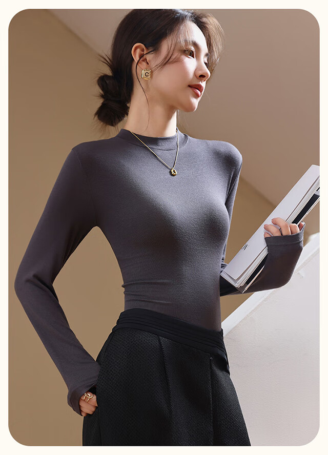 XUEXIMAN Women's Turtleneck Fleece-Lined Thickened Double-Sided Velvet Thermal Layered Top for Autumn and Winter 15
