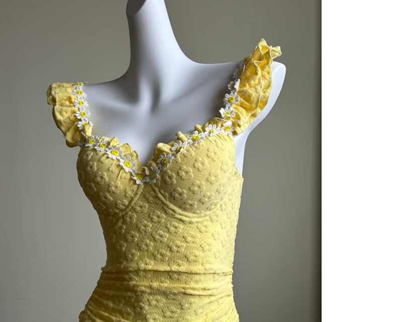 OMOM New One-Piece Premium Swimsuit for Women, Stunning Gathered Design, Small Bust, Tummy Control, Slimming, Vacation Hot Spring, Yellow, M 7