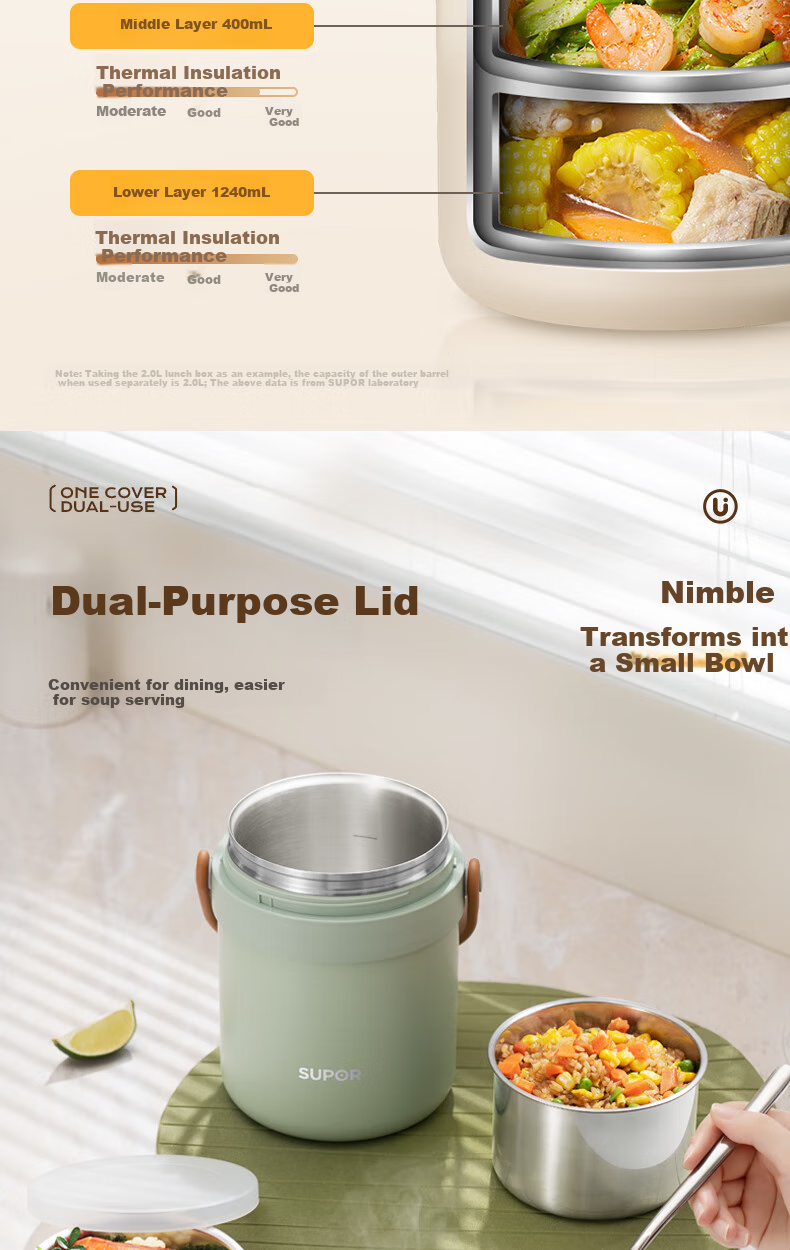 SUPOR Insulated Food Container, Stainless Steel Portable Pot, 2.0L Large Capacity Vacuum Insulated Lunch Box, Multi-Layer Portable Bento Box, Lotus White 5