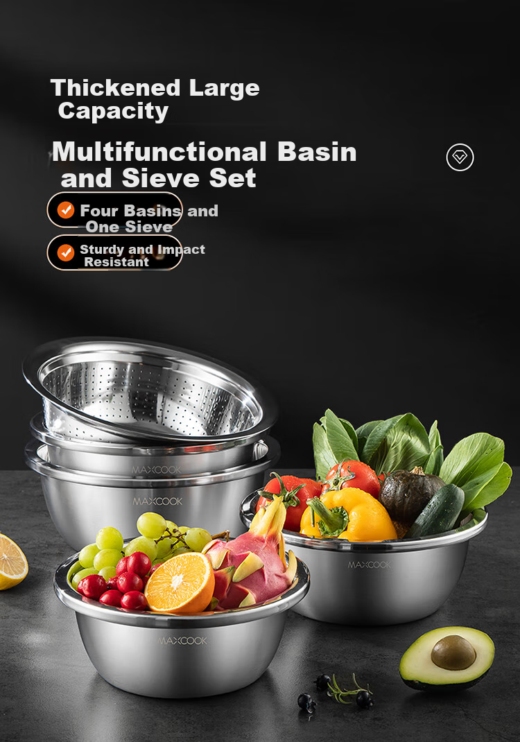 MAXCOOK Stainless Steel Bowl And Strainer Set of Five Pieces, 30cm Enlarged Thickened Vegetable Washing Bowl And Dough Mixing Bowl Seasoning Bowl Set MCWA798 1