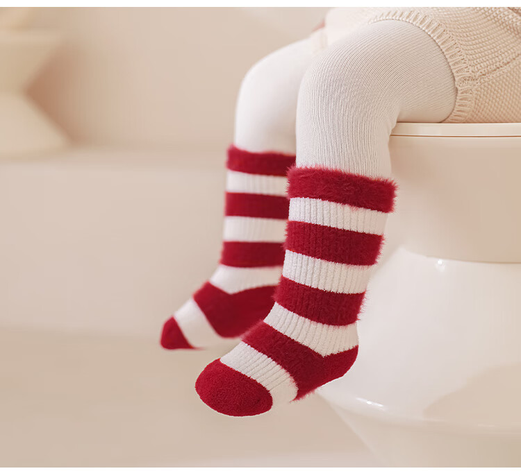 Five Cotton Flowers Children's Socks Red Socks for Birth Year Autumn Winter Baby Socks Fleece Thickened New Year Seamless Mid-Calf Baby Socks 17