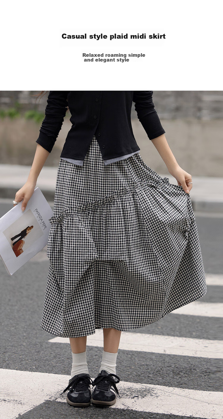 Dme [Fresh Cloud Cotton] Spring Vintage Floral Bud Ruffle Elastic Waist A-Line Plaid Midi Skirt for Wome 2