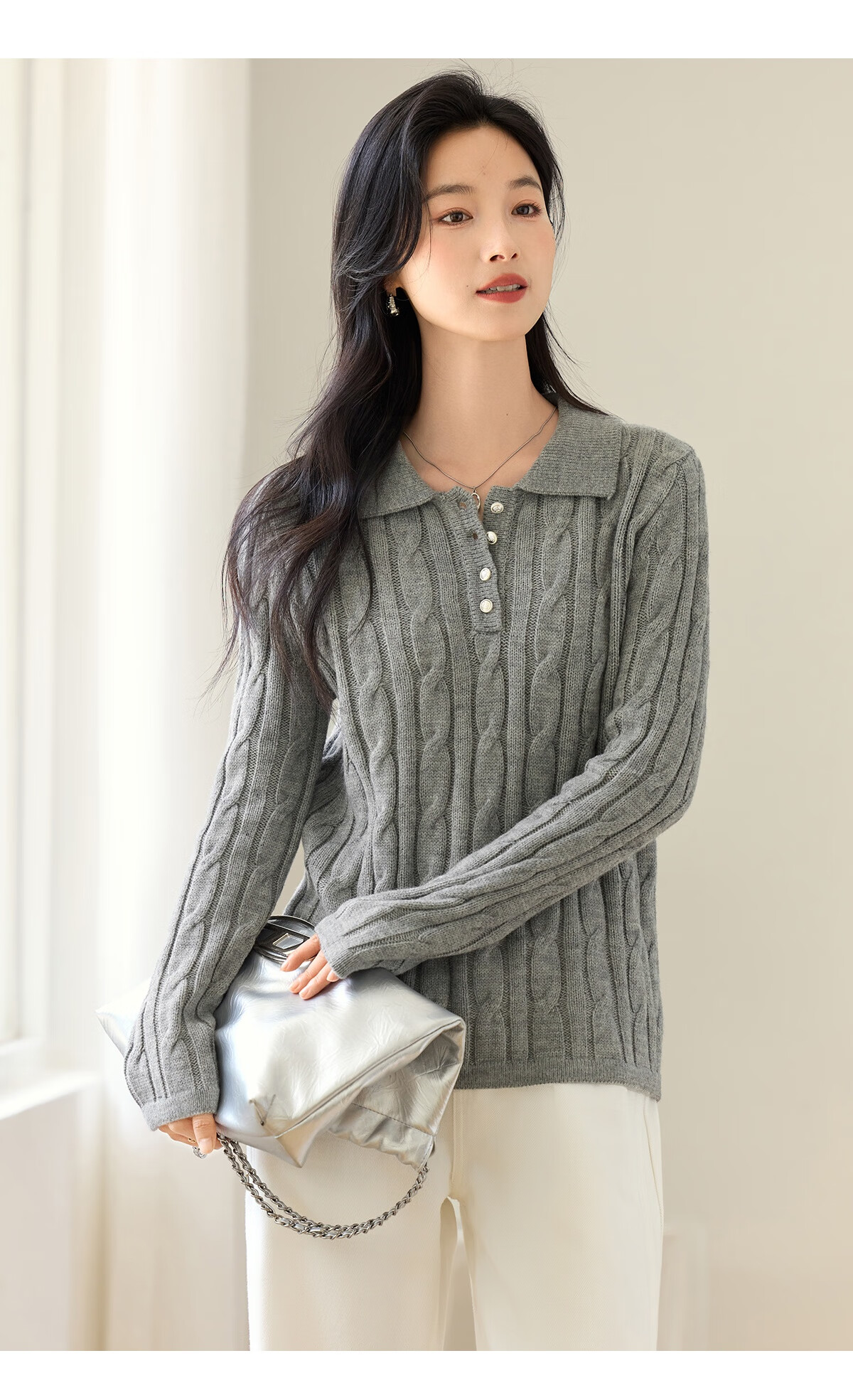 Chushen Spring Autumn Women's Classic Polo Cable Knit Fashion Versatile Sweater S53Z078 11