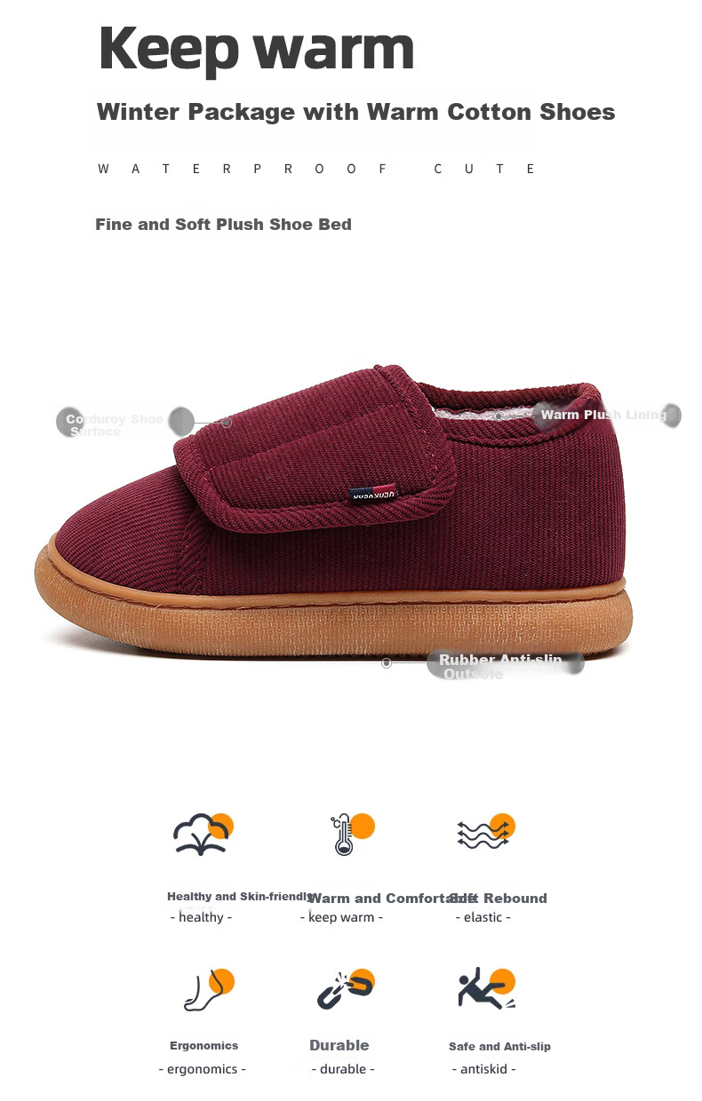 GUOLUOFEI Velcro Slip-On Cotton Shoes for Men And Women, Winter Fleece-Lined Thick Non-Slip Warm Shoes for Mothers And Elderly 2