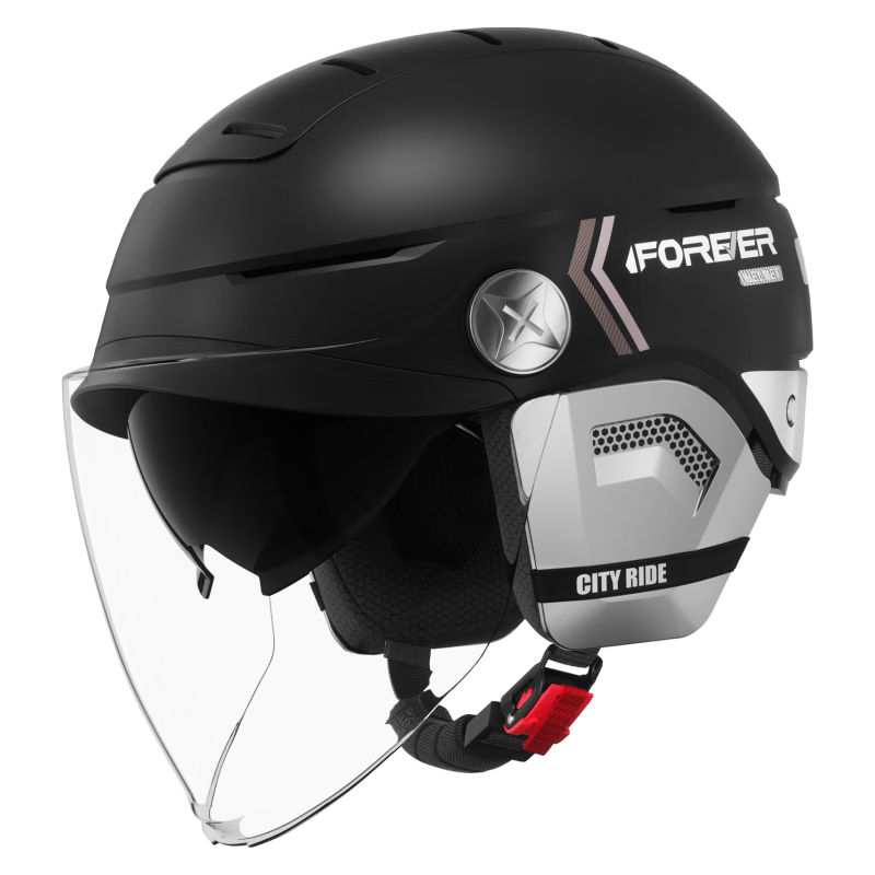 FOREVER 3C Certified Electric Vehicle Sun Visor Helmet, Summer UV Protection Breathable Motorcycle Helmet for Women And Men, Electric Scooter Safety Helmet, All-Season Helmet 598 with Detachable Ear Protection And Long Visor, Metal Black