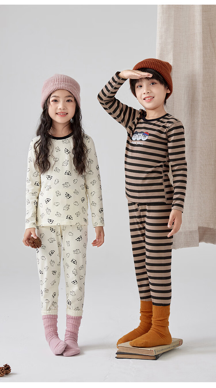 XUEXIMAN Kids Cotton Antibacterial Thermal Underwear Set Boys Girls Baby Warm Pajamas Homewear 4