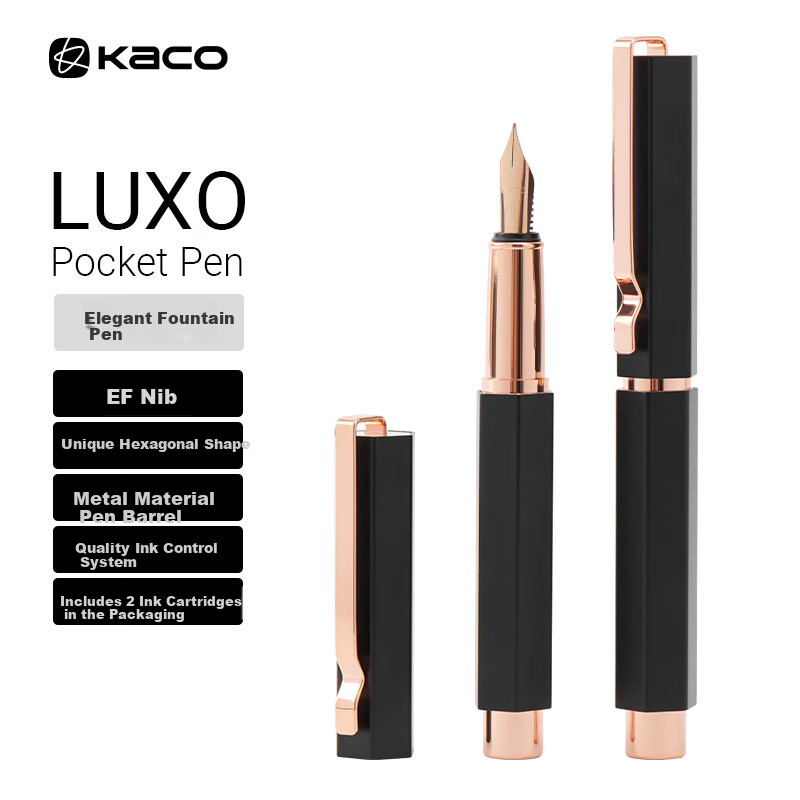 KACO Elegant Pocket Fountain Pen Set for Students And Adults, Calligraphy Practice, Business Gift, Graduation Present for Middle And High School Students, Birthday Gift for Men And Women, Graduation Gift - Black Handle