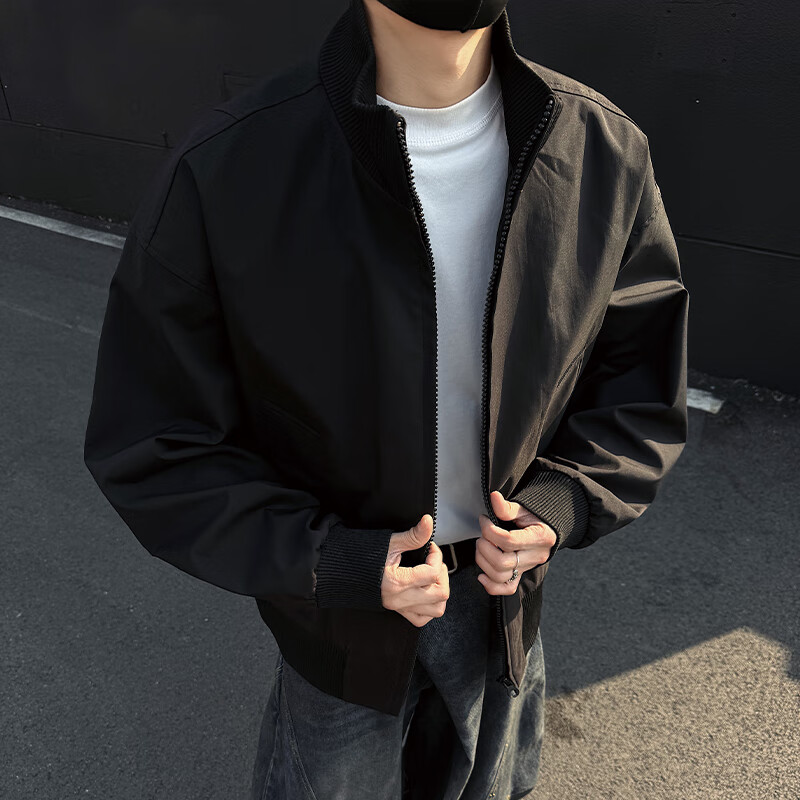 Homlean Men's American Vintage Flight Jacket Autumn Winter Stand Collar Short Baseball Casual Jacket HJ32 Black XL