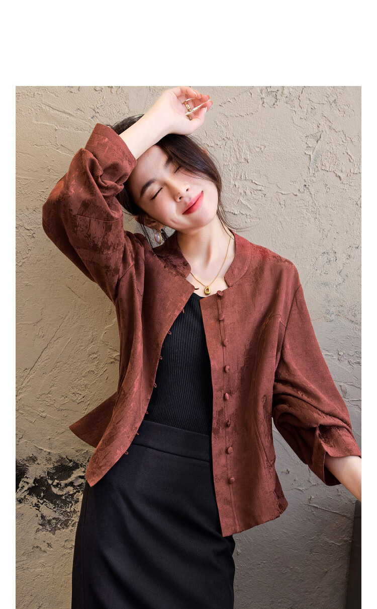 Demana [Rulan Tuyou] Spring and Autumn National Style New Chinese Stand Collar Jacquard Button Pleated Short Jacket for Women 4