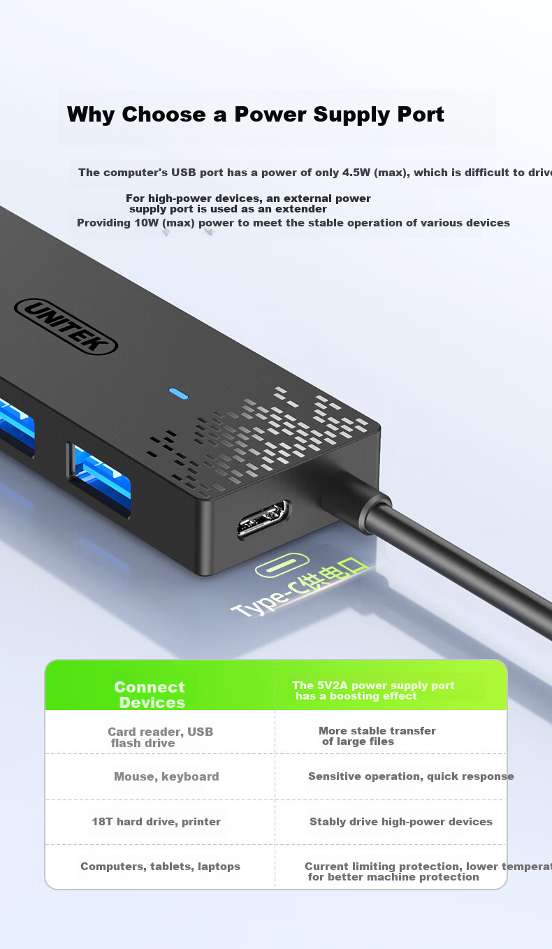 UNITEK USB 3.0 Hub Splitter with 4 Ports USB Expansion Adapter And Power Port USB/Type-C Dual-Port Connector Compatible with Laptops, Tablets And Smartphones Universal One-To Adapter 4