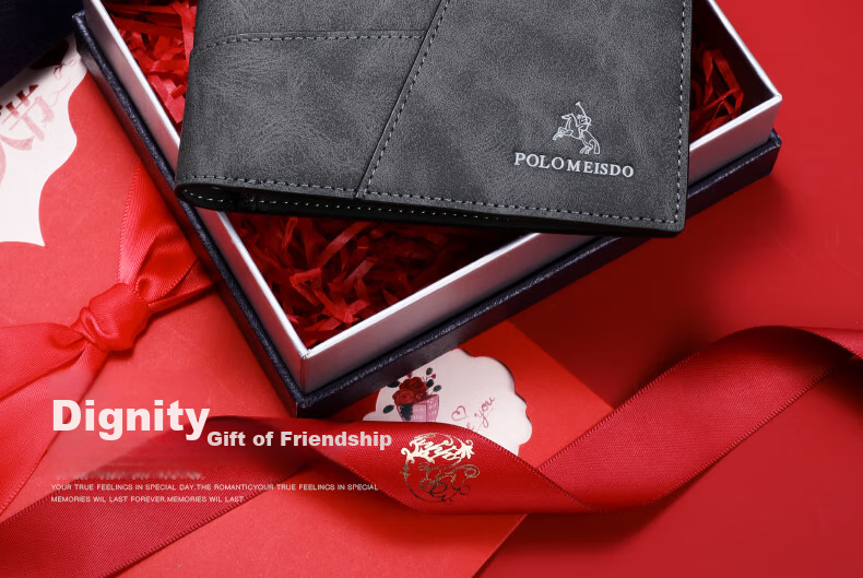 POLOMEISDO Men's Wallet, Short Stylish Leather Purse Gift Box, Self-Operated Birthday Gift for Boyfriend, Husband, Father, Practical 12