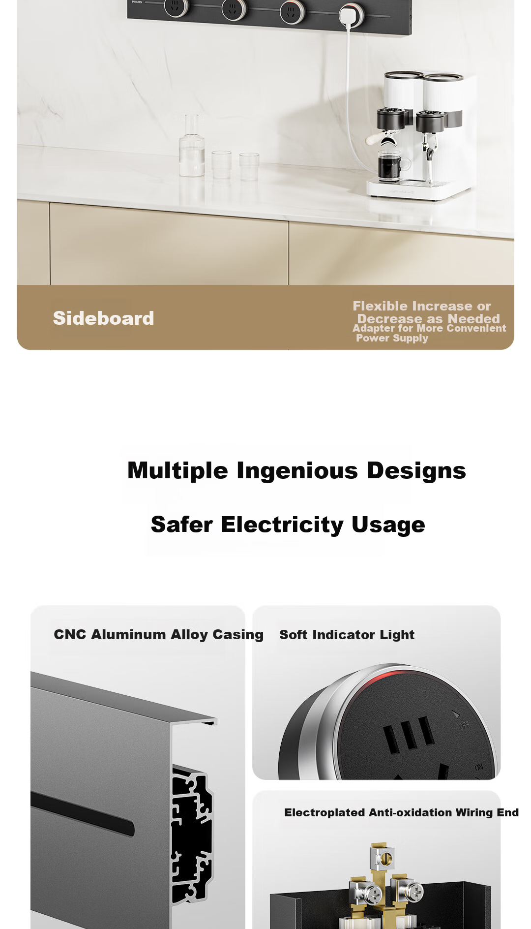 PHILIPS Surface-Mounted Track Socket Switch Panel, Wall-Mounted without Slots, Movable Sliding Rail Panel for Sideboard, Track-Type Sliding Power Strip, 42cm Track + 2 Adapters, Black 16