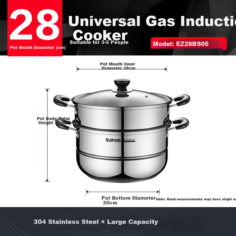 SUPOR Steamer Pot, Authentic Flavor Stainless Steel Double-Layer Base 28cm Fish Steaming Pot, Soup Pot, Steamer Basket EZ28BS05