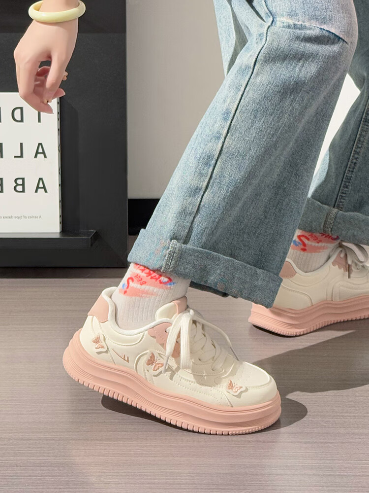 Huili Pink Butterfly Platform Shoes for Women, New Soft-Soled Comfortable Casual Shoes, Beige Pink, Size 36 (Runs Small Half Size) 10