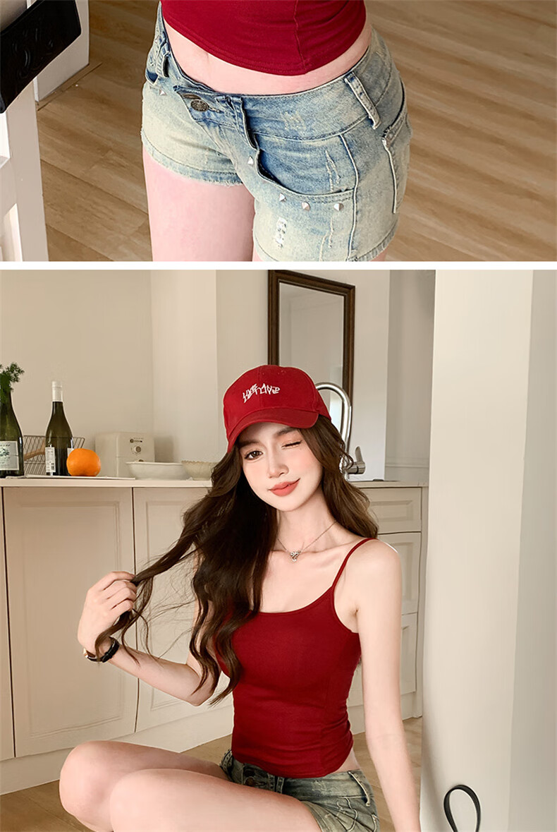 LangSha Red Spaghetti Strap Women's New Padded Sexy Sleeveless Tank Top Outerwear Qi Ji Red Shirt 15