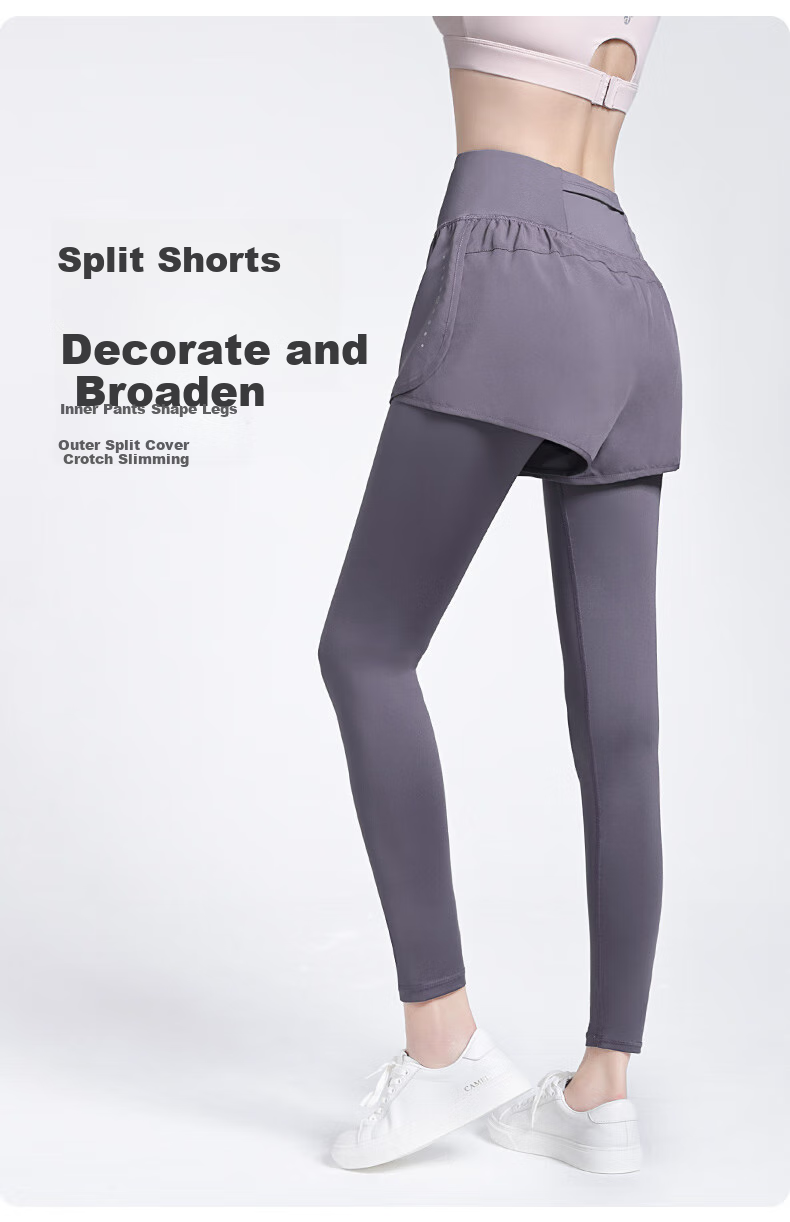 CAMEL Elastic Faux Two-Piece Fitness Pants for Women, High-Waisted Tight Running Trousers, Y23BA4L0029C, Misty Gray, XL 26